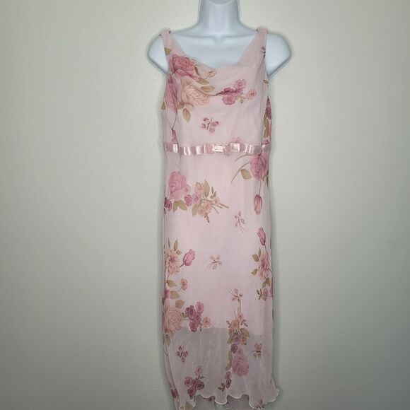 Vintage y2k 90s soft pink feminine romantic midi cowl floral dress size 13 - Picture 1 of 6